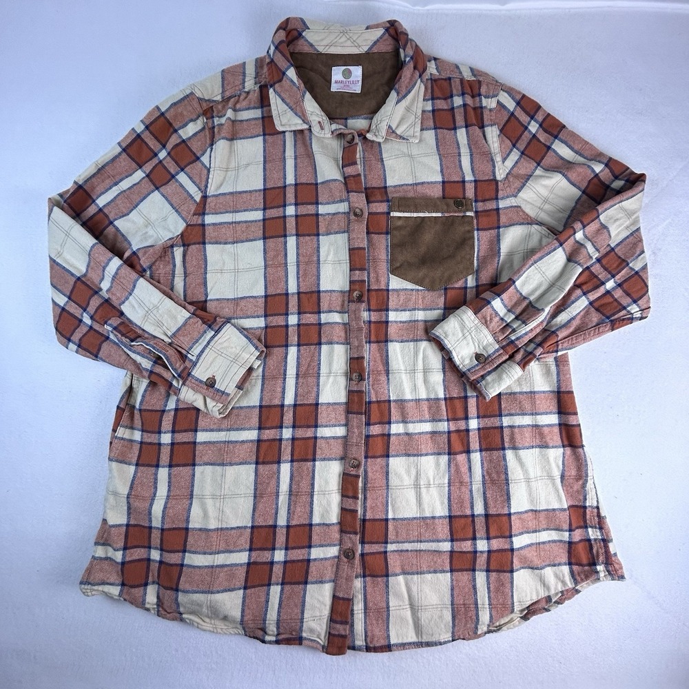 Marleylilly Women's 2XL Plaid Flannel Shirt Western Pocket Suede Detail Outdoors